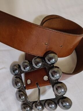 Vintage Another Line Inc Leather Belt with Decorative Oversized Buckle, Size S